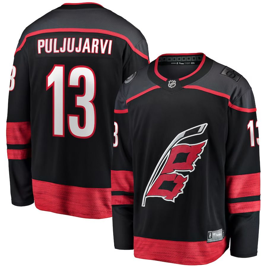 Men Carolina Hurricanes 13 Jesse Puljujarvi Fanatics Branded Black Home Breakaway NHL Jersey